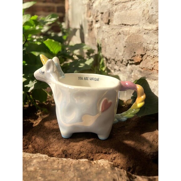 Unicorn Coffee Mug 'You Are Unique' Pastel Rainbow Handle 8oz Ceramic Cup Cute - Picture 1 of 8
